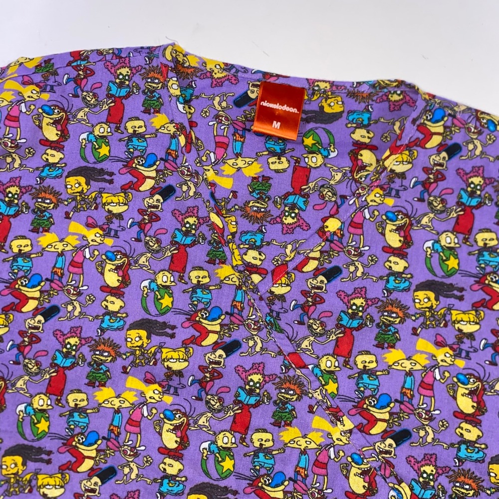 Nickelodeon 90s Cartoon Print Scrub Top Purple Rugrats Hey Arnold Womens Medium